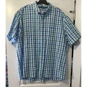 Saddlebred Shirt Mens 2XL Blue Green White Plaid Button Down Short Sleeve Casual